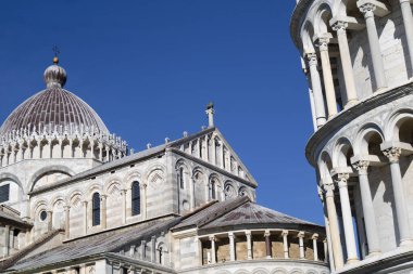 Architectural details of church and tower of the Piazza dei Miracoli in Pisa Tuscany Italy 