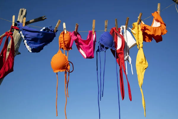Serie Trajes Baño Femeninos Varios Colores Que Cuelgan Sol Para —  Fotos de Stock