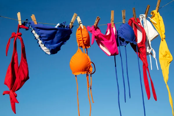 Series Female Swimwear Various Colors Hanging Sun Dry Summer Season Stock Picture