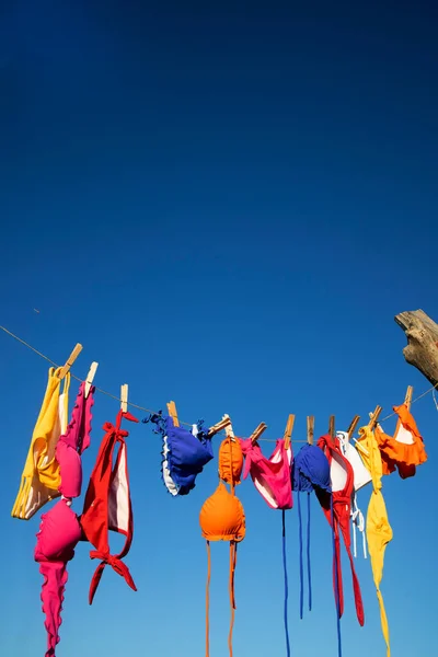 Series Female Swimwear Various Colors Hanging Sun Dry Summer Season Royalty Free Stock Photos