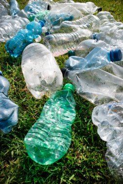 Çayırda terk edilmiş plastik şişeler kullanıldığına dair bir işaret. 