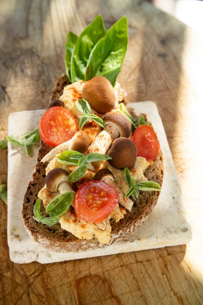 Tamamen Vegan Malzemelerle Yapılmış Bir Bruschetta Nın Fotoğraf Sunumu — Stok fotoğraf