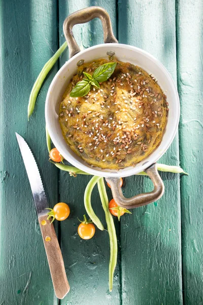 Vegan Cooking Based Natural Ingredients Chickpea Flour Green Beans Flax — Stock Photo, Image