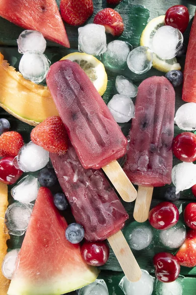 Photographic Shot Popsicles Made Red Fruit Table Served Various Fruit — Stock Photo, Image