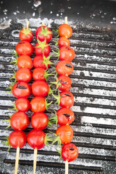 Fotografisk Repræsentation Tre Spyd Lavet Med Pachino Cherrytomater Sicilien Italien - Stock-foto