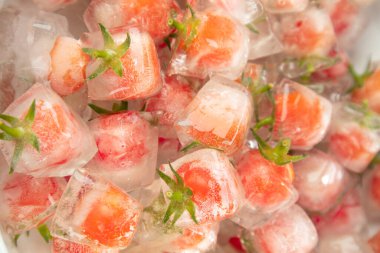Ice cubes made with small cherry tomatoes inside for making refreshing aperitifs