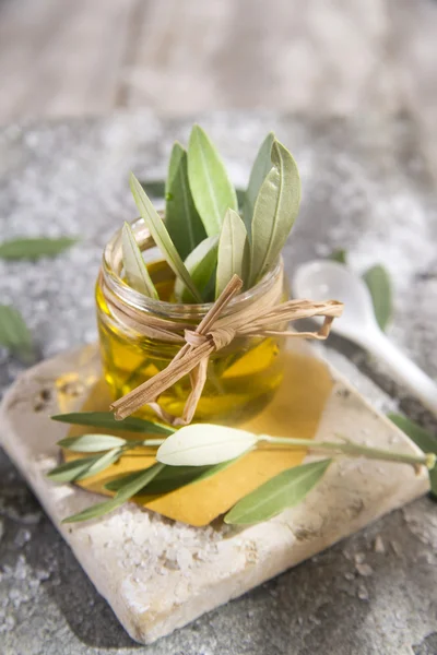 Small glass jar containing olive oil — Stock Photo, Image