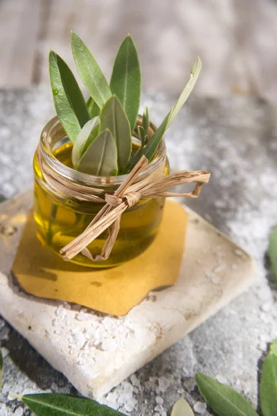 Petit pot en verre contenant de l'huile d'olive — Photo