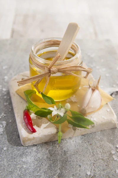 Olive oil, garlic and chili — Stock Photo, Image