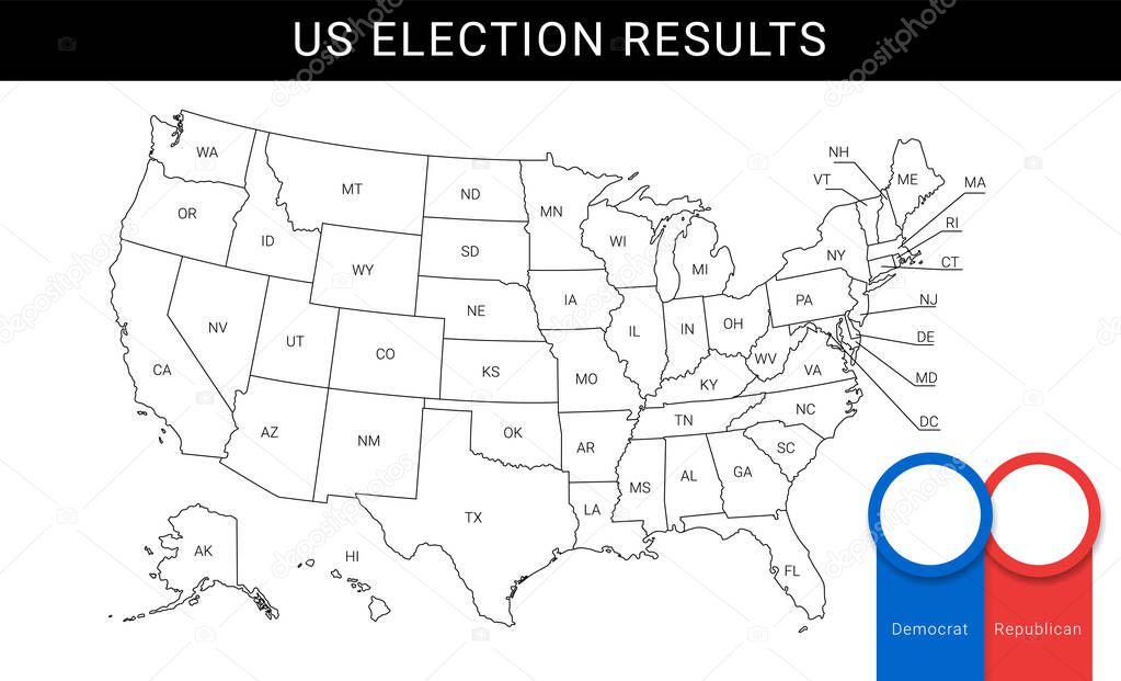 US election map. American Presidential Election results infographics template. All the states are separated and named in the layer panel.