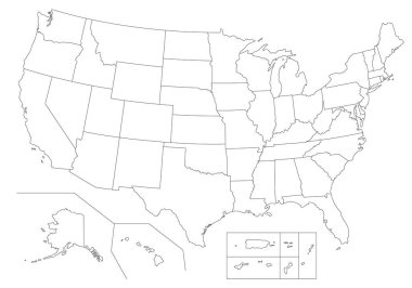 Outline United States Of America map. US background template. Map of America with separated countries and interstate borders. All states and regions are named in the layer panel. clipart