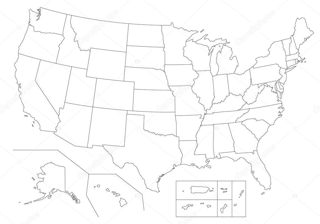 Outline United States Of America map. US background template. Map of America with separated countries and interstate borders. All states and regions are named in the layer panel.