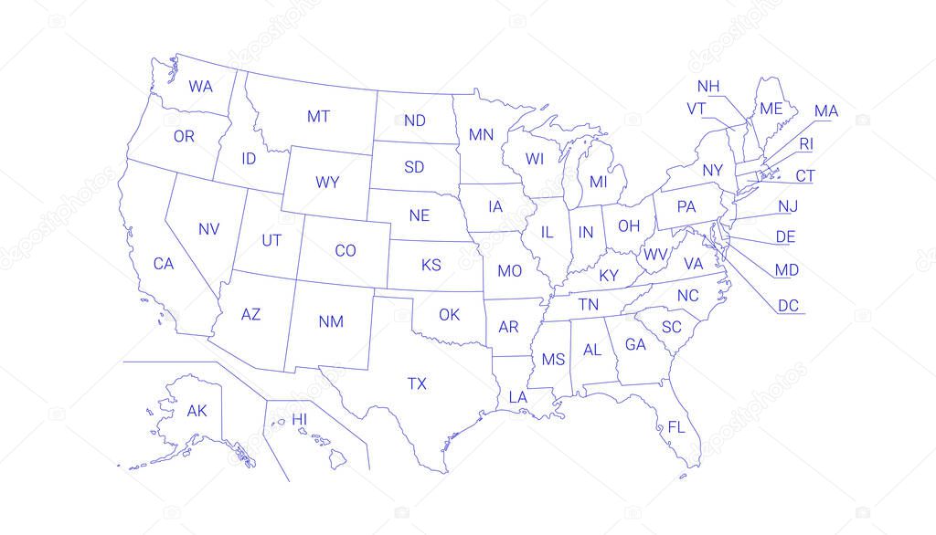 Outline Political US Map with titles of the states. All USA regions are separated and named in a layer panel