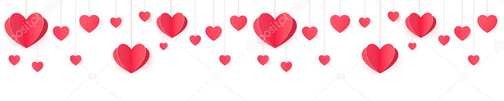 Seamless web banner of hanging paper hearts for website header decor and package design