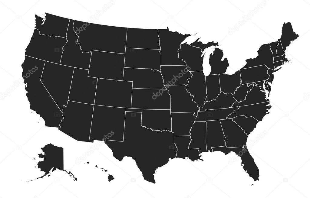 Black United States Of America map. US background template. Map of America with separated countries and interstate borders. All states and regions are named in the layer panel.