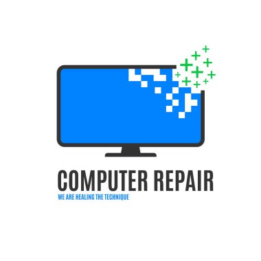 Kırık ekran ile bilgisayar tamir logosu illüstrasyonu