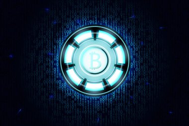 İkili kod mavi arka planda Bitcoin güç kaynağı logosu. Soyut teknoloji arkaplanı.