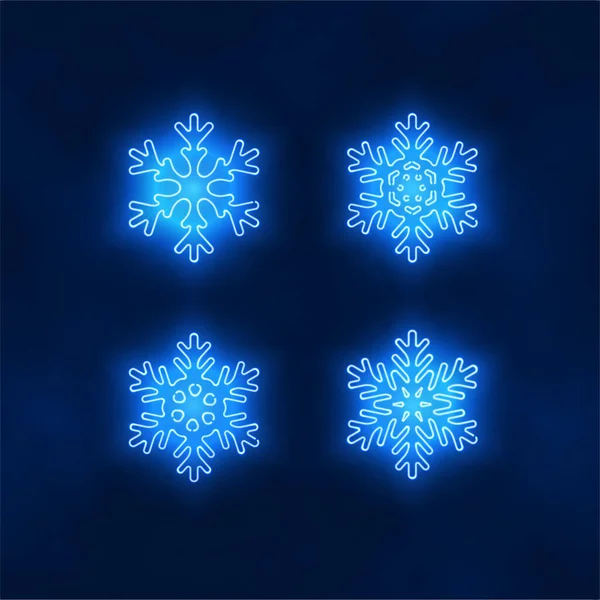 Zestaw Żywych Niebieskich Płatków Śniegu Promieniujących Neonem — Wektor stockowy