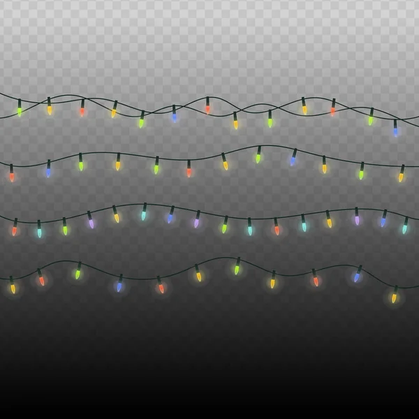 Guirnaldas Coloridas Luces Navidad Líneas Horizontales Sobre Fondo Transparente — Archivo Imágenes Vectoriales