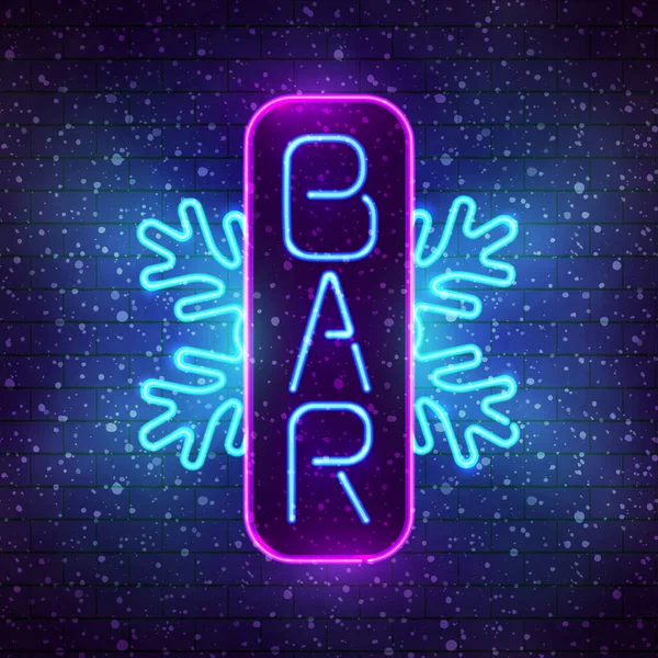 Zářící Neonový Zimní Bar Deska Sněhovou Vločkou — Stockový vektor