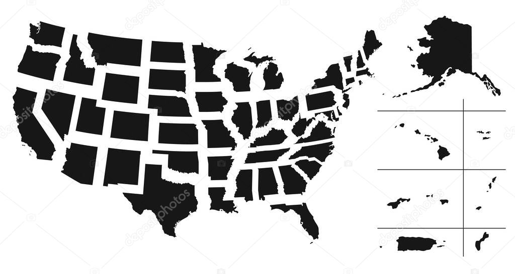 Set of separated American states. Divided USA map. All the countries are named in the layer panel