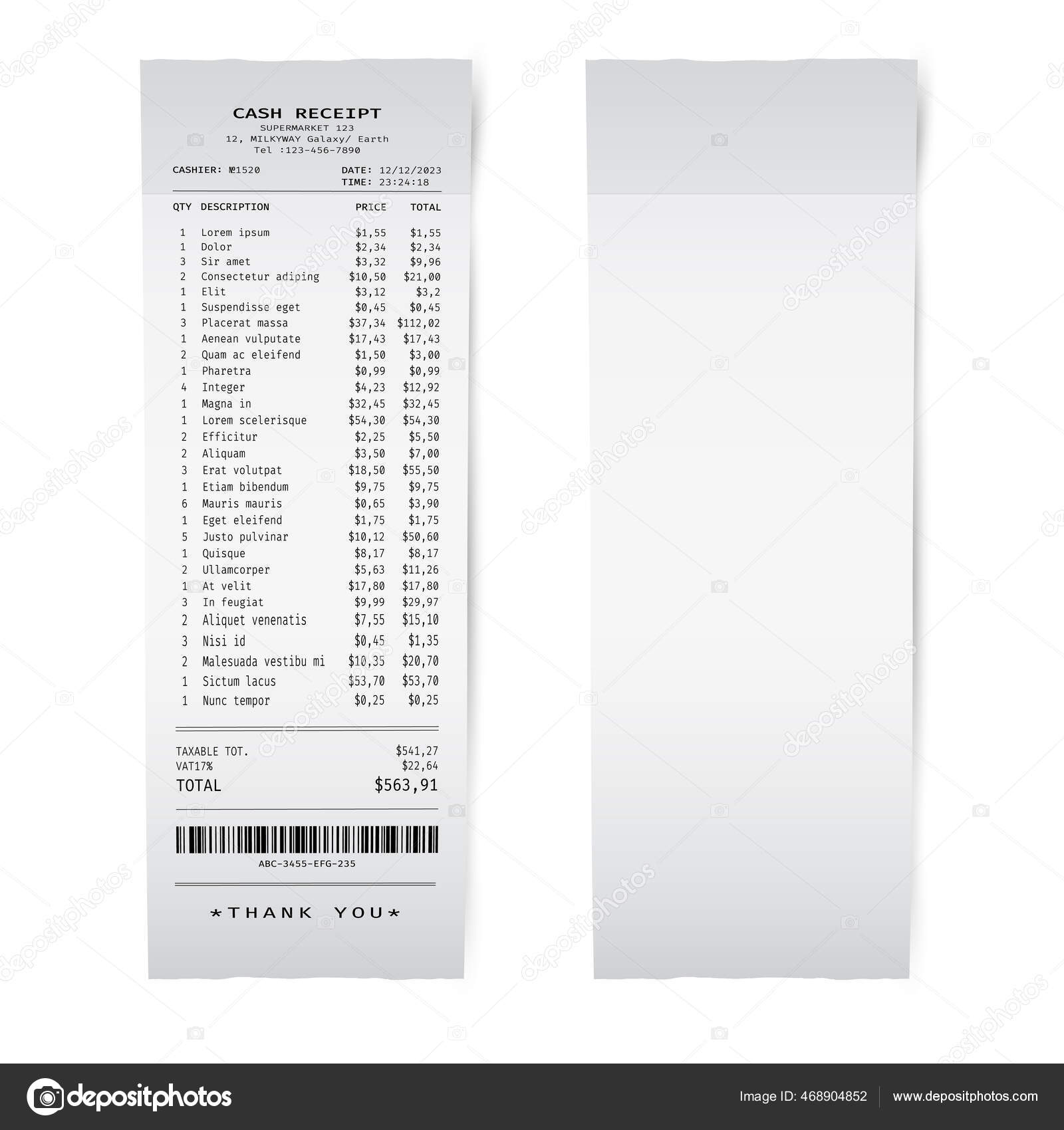 Blank White Paper Shop Check Template Bill Supermarket Restaurant Stock ...