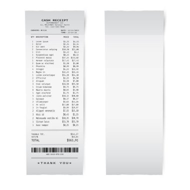 Blank white paper shop check. Template of a bill from supermarket of restaurant clipart
