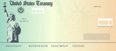 Blank stimulus check template. Fake money bank cheque mockup clipart