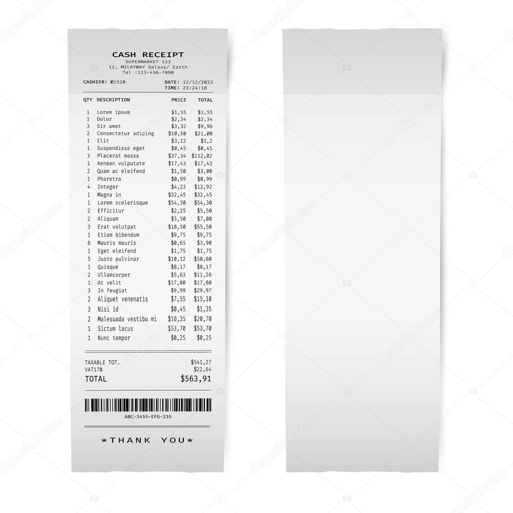 Blank white paper shop check. Template of a bill from supermarket of restaurant