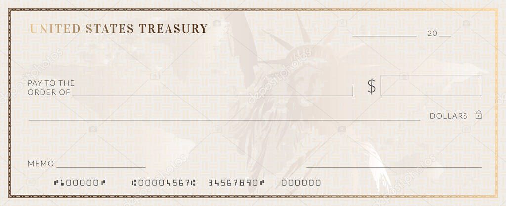 Blank stimulus bank check template. Fake checkbook mockup