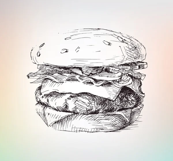 Handzeichnen Burger mit Fleisch und Salat — Stockvektor