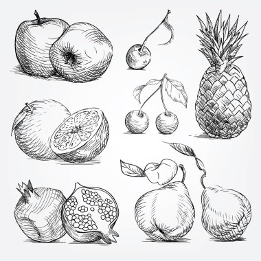 El meyve, ananas, portakal, elma, kiraz, pe kümesi çizimi