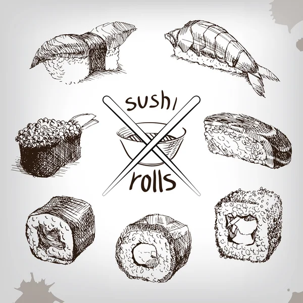 Sushi y rollos, dibujo a mano con palos — Vector de stock