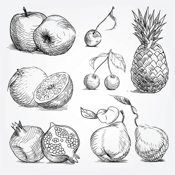 Conjunto de desenho à mão de frutas, abacaxi, laranja, maçã, cereja, pe —  Vetores de Stock