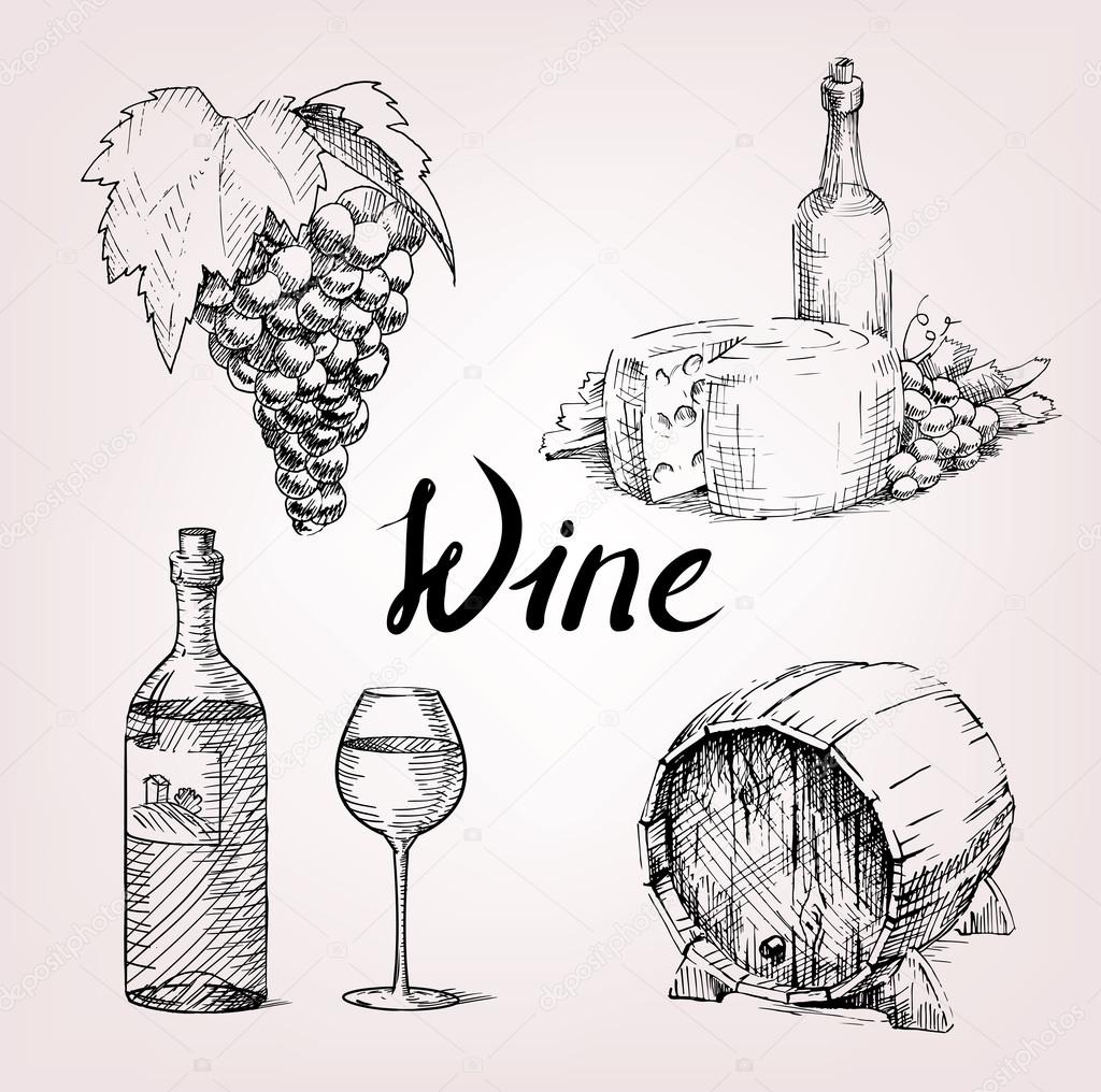 hand drawing set of wine