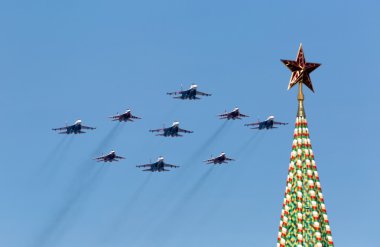 MOSCOW - MAY 9: Aerobatic demonstration team Swifts on Mig-29 an