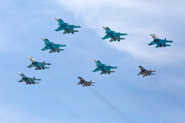 MOSCOW - MAY 9: Jet fighters participate  parade dedicated to 70