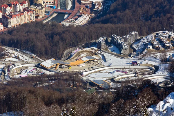 Krasnaya Polyana, Russia - FEB 04, 2014. View from the top ski r Royalty Free Stock Photos