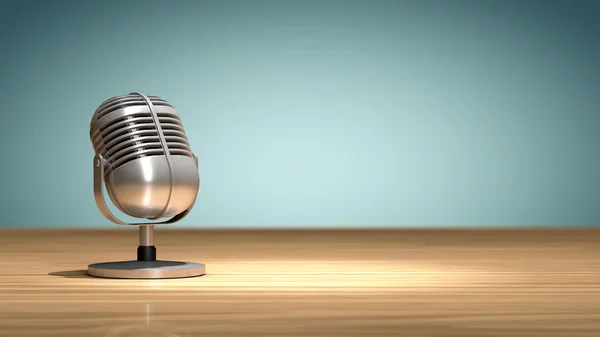 Vintage microphone placed on a wooden table and oriented to record — Stock Photo, Image