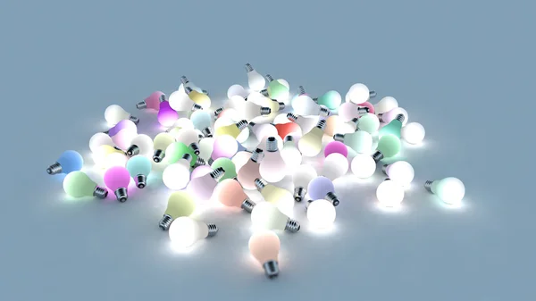 Diverse lampadine colorate a terra. Rendering 3D — Foto Stock