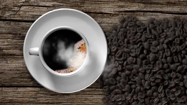 Kopje koffie en koffiebonen op een oude houten tafel. 3D-rendering — Stockvideo