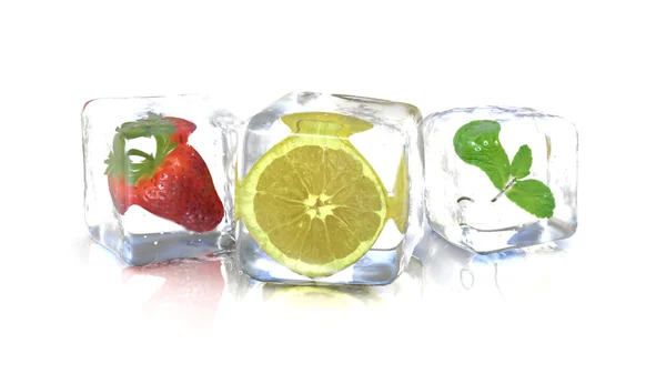 딸기 레몬 그리고 얼음 조각으로 민트 잎. 3 차원 렌더링 — 스톡 사진