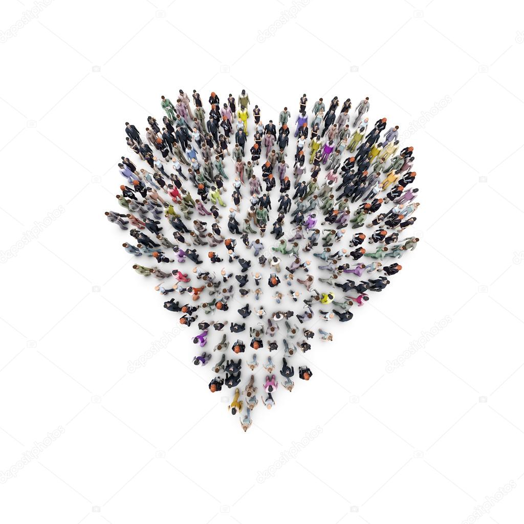 Aerial view of people that are grouping in heart shape. 3D Rendering
