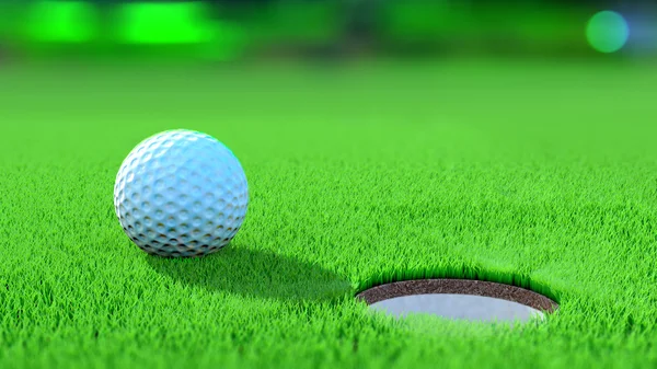 Vista cercana de una pelota de golf cerca del hoyo. Renderizado 3D — Foto de Stock