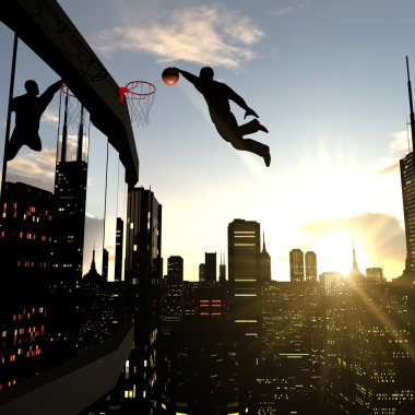 A businessman performing a slam dunk on the top of a skyscraper clipart