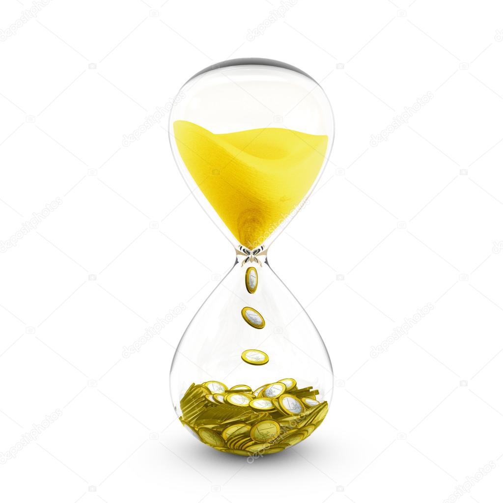 Time is money concept. Hourglass that transforms time to coins.