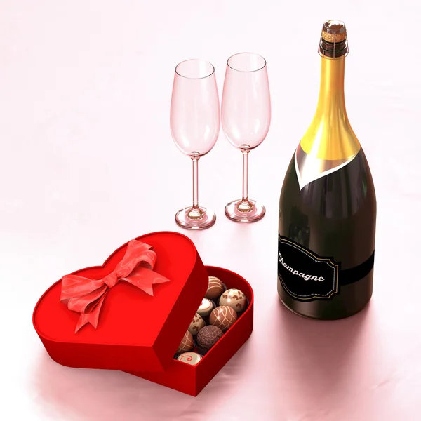 Chocolate box with a champagne and two glasses.