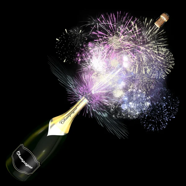 Opened bottle of champagne with giant fireworks. — Stock Photo, Image