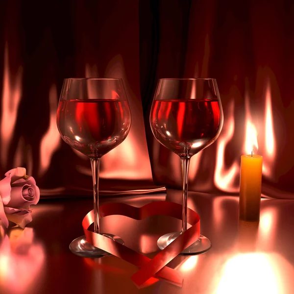 Vino, rosso, occhiali, candela, rosa, romantico, amore, incontrare — Foto Stock