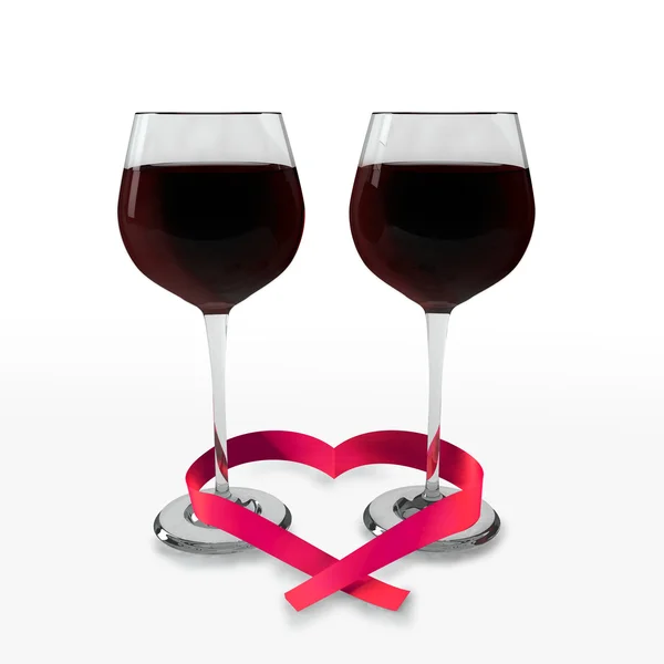 Dwie szklanki dobrego czerwonego wina i serce wstążka — Zdjęcie stockowe